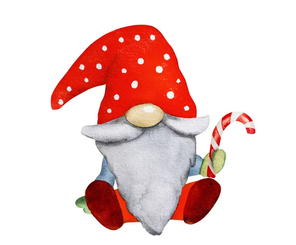 Cute Christmas Gnome Dwarf Lollipop Festive Watercolor Painting Postcard Cartoon — Stock Photo, Image