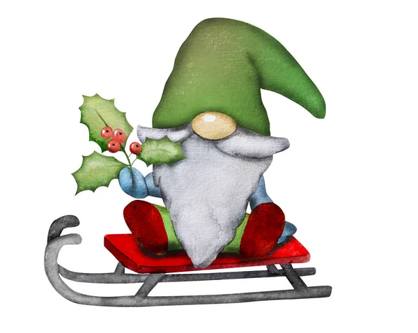 Cute Christmas Gnome Dwarf Misletoe Riding Sled Festive Watercolor Painting — Stock Photo, Image