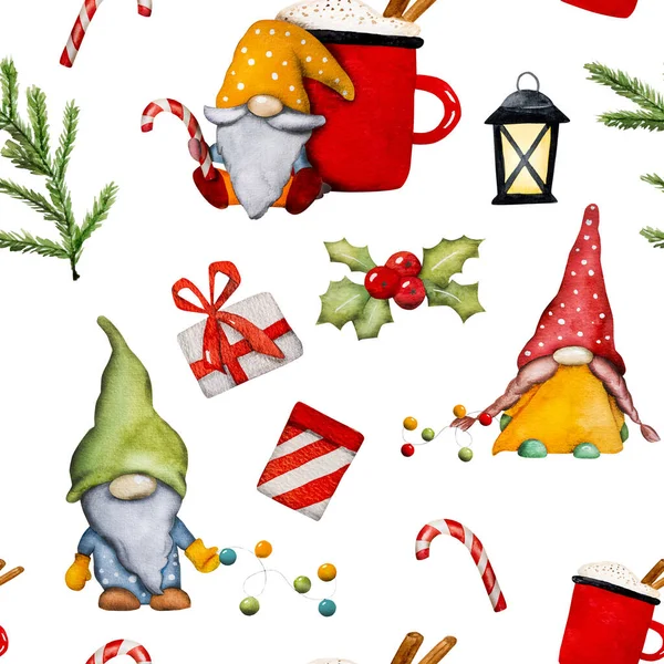Aranyos Karácsonyi Manók Törpék Nyalókával Kakaóval Koszorúval Ünnepi Akvarell Készlet — Stock Fotó