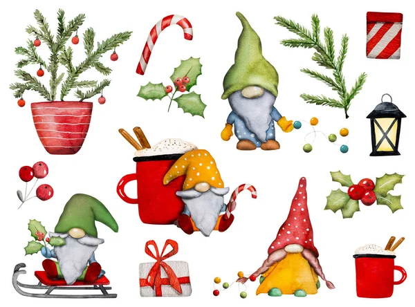 Aranyos Karácsonyi Manók Törpék Nyalókával Kakaóval Koszorúval Ünnepi Akvarell Készlet — Stock Fotó