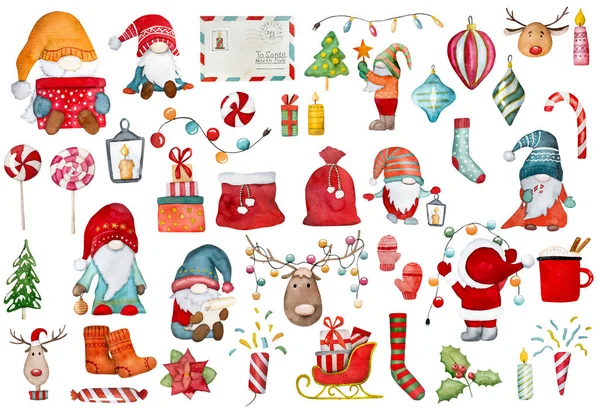 Vánoční Gnómové Santa Claus Pomocníci Zimní Vodní Kokosové Kresby Set — Stock fotografie