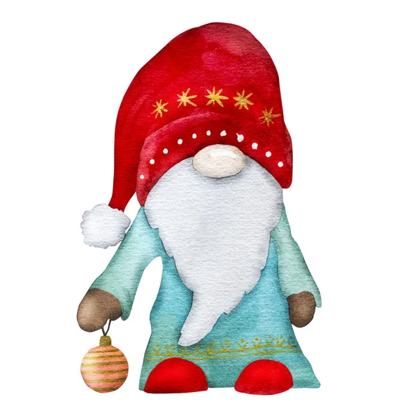 Christmas Gnome Santa Claus Helper Winter Watercoor Drawing Xmas Tree — Stock Photo, Image