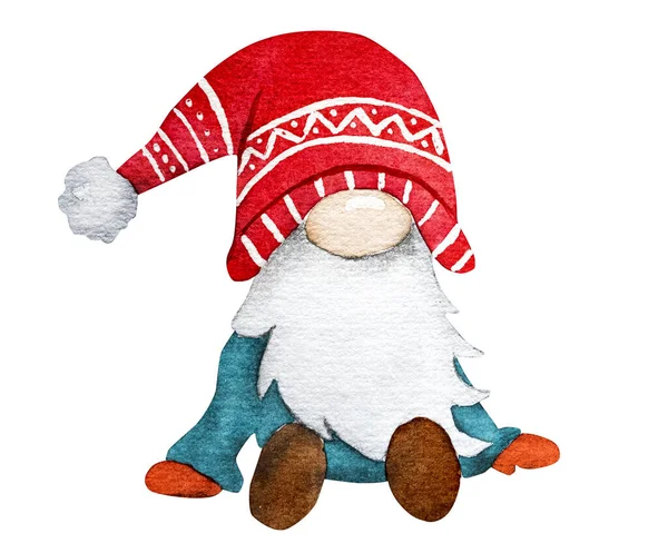 Christmas Gnome Wearing Santa Claus Hat Winter Watercoor Drawing New — Stock Photo, Image