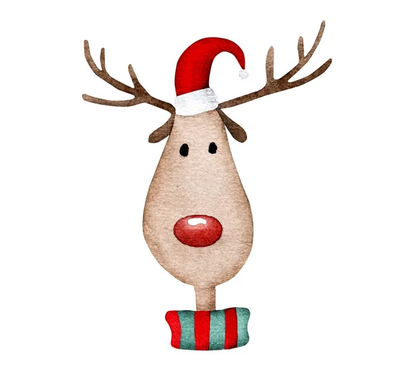Christmas Deep Wearing Santa Claus Hat Xmas Watercolor Painting Postcard — Stock Photo, Image