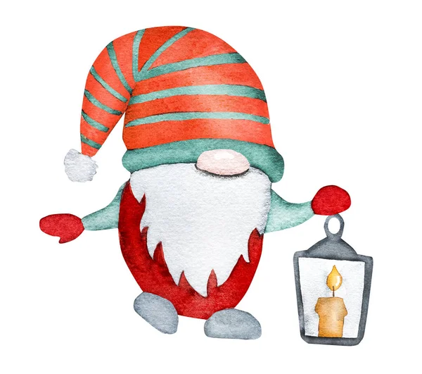 Christmas Gnome Santa Claus Helper Xmas Lighter Winter Watercoor Drawing — Stock Photo, Image
