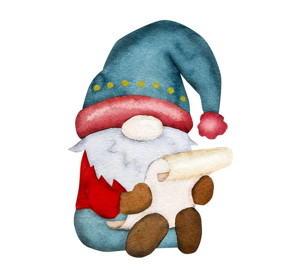 Christmas Gnome Santa Claus Helper Xmas Kids Letter Winter Watercoor — Stock Photo, Image