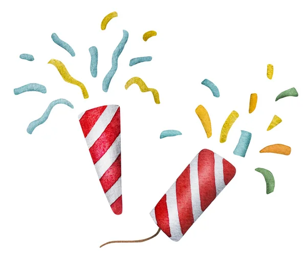 Christmas Clapperboard Confetti Tradycyjne Obrazy Akwarelowe Pocztówkę Sylwestrowe Symbole Świąteczne — Zdjęcie stockowe