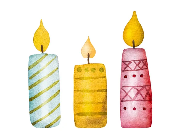 圣诞蜡烛与火的温暖和节日的圣诞前夕水彩画 新年装饰 — 图库照片