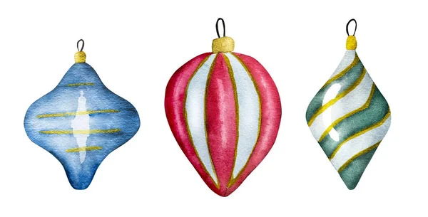Χριστουγεννιάτικα Παιχνίδια Δέντρο Πίνακες Ακουαρέλα Πρωτοχρονιά Xmas Παραδοσιακή Διακόσμηση Για — Φωτογραφία Αρχείου