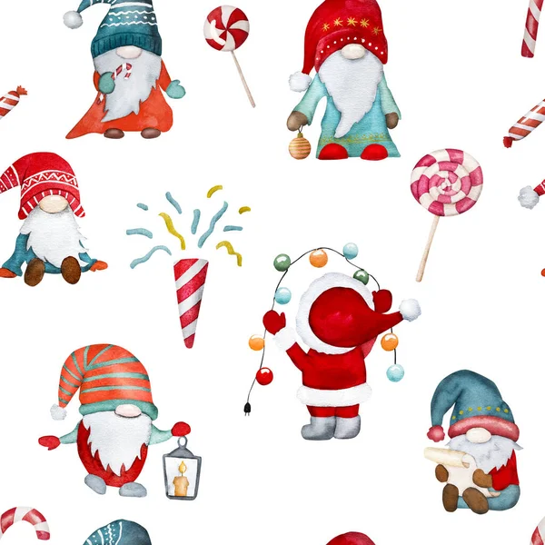 Χριστουγεννιάτικα Gnomes Santa Claus Βοηθοί Που Γλειφιτζούρι Καραμέλες Χειμώνα Watercoor — Φωτογραφία Αρχείου