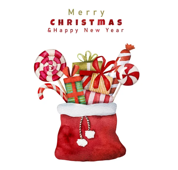 サンタクロースバッグ水彩お祝い絵のクリスマスロリポップや贈り物 新年XmasプレゼントアクエラレイラストFprはがき付き挨拶テキスト — ストック写真