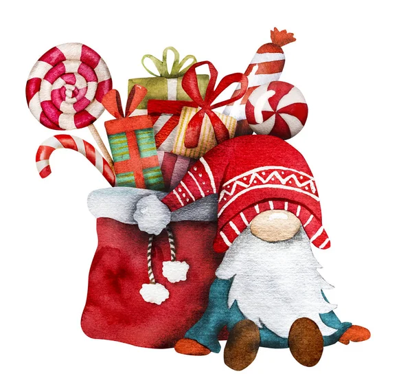 クリスマスノームロリーポップキャンディーバッグ冬の水彩画のサンタクロースヘルパー 伝統的な休日のお菓子や贈り物と新年のお祝いドワーフ — ストック写真