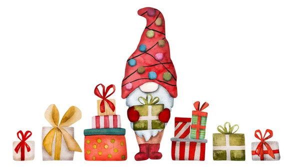 Julen Gnome Santa Claus Hjälpare Med Julklappar Vinter Watercoor Ritning — Stockfoto