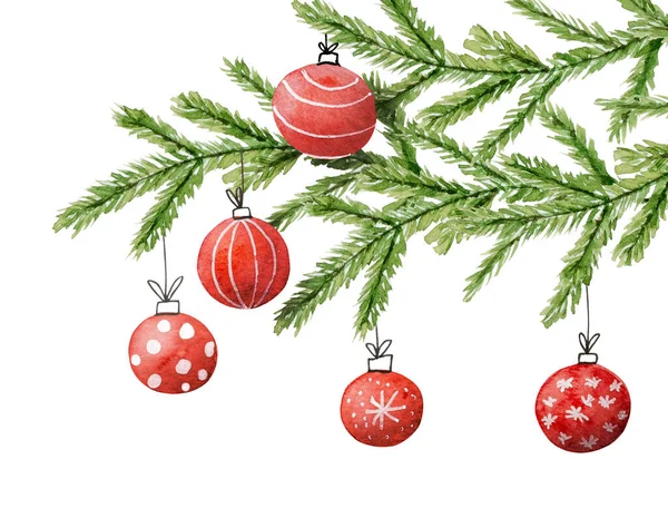 Kerstboom Tak Met Traditionele Decoratie Xmas Rode Ballen Aquarel Schilderen — Stockfoto