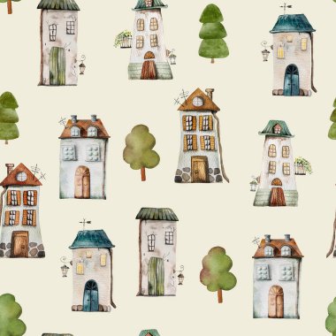 Watercoor binaları şirin çizimler ve pürüzsüz desenler barındırır. Kartpostallar ve dekorasyon için ev dış tasarımı