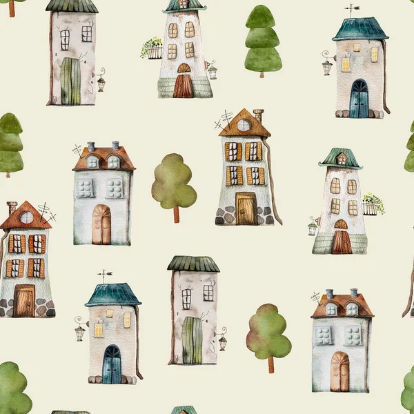 Watercoor houses buildings cute illustrations seamless pattern. Home exterior design for postcards and decoration