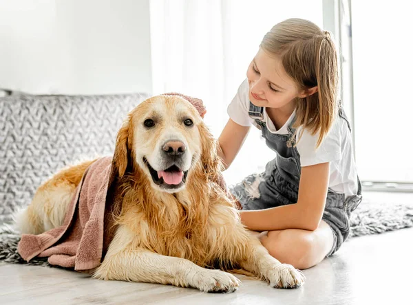 Preteen Girl Cares Golden Retriever Dog Cover Doggy Blanket Floor — Fotografia de Stock