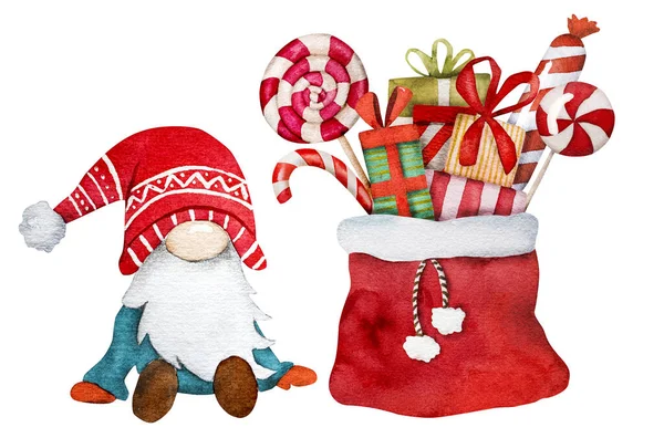 Julen Gnome Santa Claus Hjälpare Med Klubba Godis Väska Vinter — Stockfoto