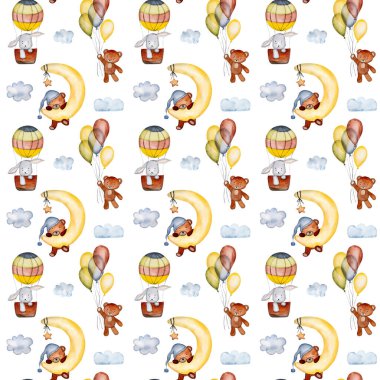 Hava balonları ve kartpostal için ay boyalı resimli şirin tavşan ve oyuncak ayı. Çizgi film tavşanı ve arkadaşı tatlı rüyalar akvaryumu çocuklar için çiziyor.