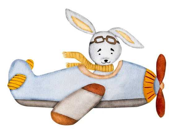 Cute bunny pilot flying in plane watercolor painting for postcard. Cartoon rabbit aquarelle drawing for children baby decoration