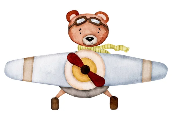 Roztomilý Medvídek Pilot Létání Rovině Akvarel Malování Pohlednici Karikatura Zvířecí — Stock fotografie