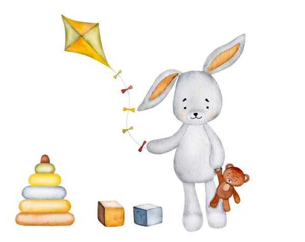 子供の絵葉書のための凧やおもちゃの水彩画でかわいいウサギ 子供の装飾のためのテディベアと漫画甘いウサギのアクエラレル図面 — ストック写真