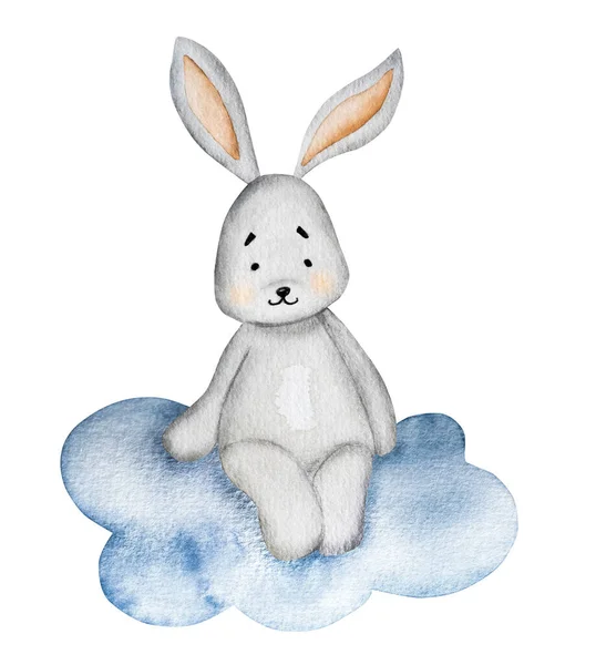 Cute bunny sitting on cloud watercolor painting for baby child postcard. Cartoon rabbit sweet dreams aquarelle drawing for children decoration