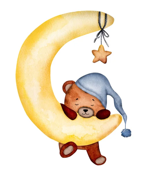 Χαριτωμένο Αρκουδάκι Κοιμάται Στο Φεγγάρι Ακουαρέλα Ζωγραφική Για Μωρό Καρτ — Φωτογραφία Αρχείου