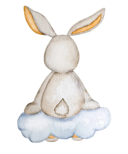 かわいいウサギは 赤ちゃんの子供の絵葉書のための雲の水彩画に座って 後ろからの眺め 面白い話甘い夢を持つ漫画のウサギ子供の装飾のための水彩画 — ストック写真