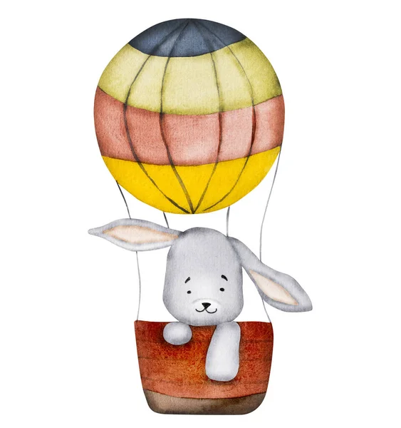 カラフルな気球で飛ぶかわいいウサギは 赤ちゃんの子供の絵葉書のために水彩画 子供の装飾のための漫画のウサギの水彩画 — ストック写真