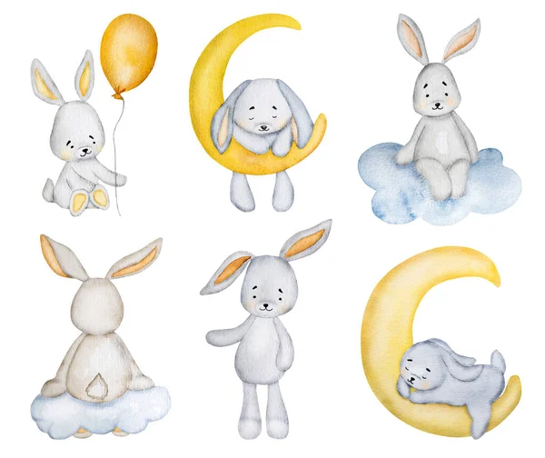 赤ちゃんの絵葉書のための月と雲の水彩画コレクションとかわいいウサギ 子供の装飾のために設定された漫画のウサギのアクエラレ甘い夢の図面 — ストック写真