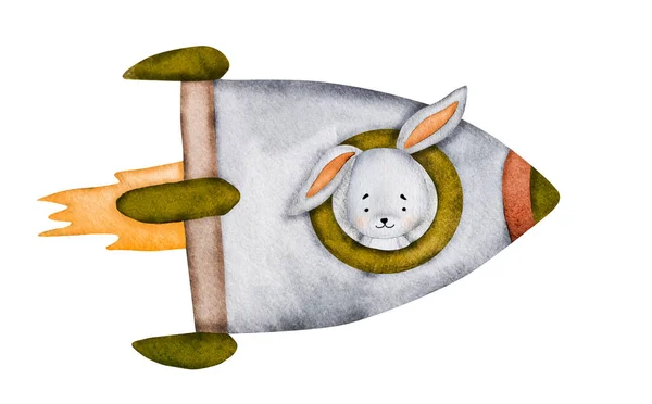 ポストカード用ロケット水彩画のかわいいウサギの宇宙飛行士 漫画ウサギ見ますのために子供の赤ちゃんの装飾のためのポータルアクエラレ描画 — ストック写真