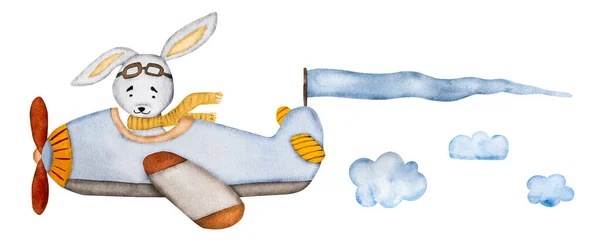 귀여운 조종사는 엽서를 비행기 그림을 그리며 장식용 물방개 — 스톡 사진
