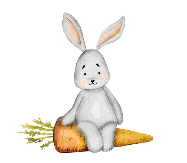可愛いウサギとキャロット水彩絵具で赤ちゃんの絵葉書 子供の装飾のためのオレンジ色の野菜のアクエラレ描画と漫画のウサギ — ストック写真