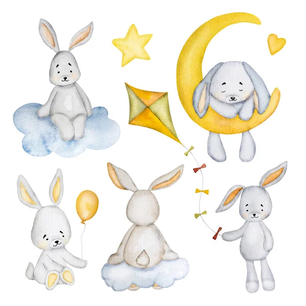 赤ちゃんの絵葉書のための月と雲の水彩画コレクションとかわいいウサギ 子供の装飾のために設定された漫画のウサギのアクエラレ甘い夢の図面 — ストック写真