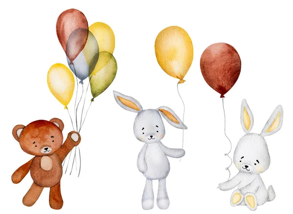 かわいいウサギとテディベアは 子供の絵葉書のための気球水彩絵具で 漫画のウサギと子供の装飾のための彼の友人のアクエラレ描画 — ストック写真