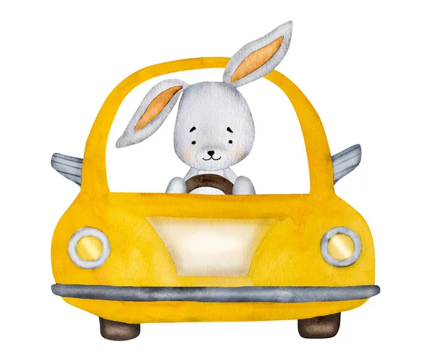 絵葉書のためのオレンジ色の車の水彩画でかわいいウサギの運転手 子供のための子供の装飾のための自動車のアクエラレ絵の漫画ウサギ — ストック写真
