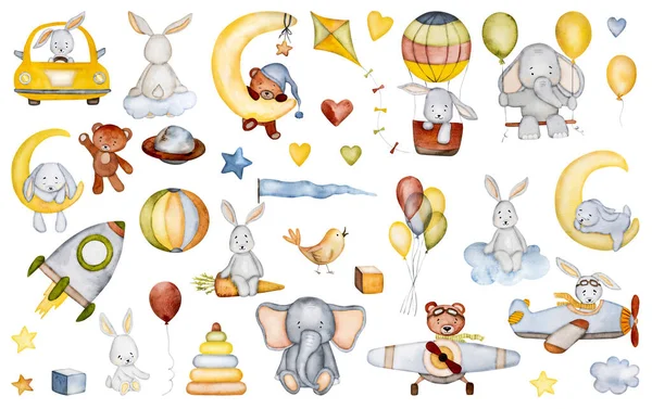 可爱的兔子 大象和熊水彩画为宝宝明信片的收藏 卡通兔子和动物朋友甜蜜的梦水彩画为新生儿设计 — 图库照片