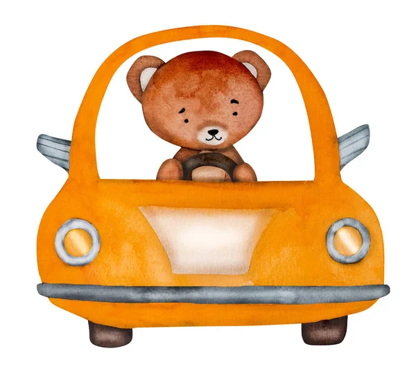 Χαριτωμένος Οδηγός Αρκουδάκι Πορτοκαλί Αυτοκίνητο Ακουαρέλα Ζωγραφική Για Κάρτα Κινούμενο — Φωτογραφία Αρχείου