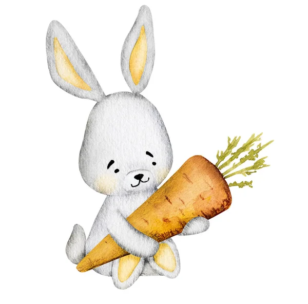 かわいいウサギは赤ちゃんの子供の絵葉書のための小さなニンジン水彩画を保持 子供の装飾のためのオレンジ色の野菜のアクエラレ描画と漫画のウサギ — ストック写真
