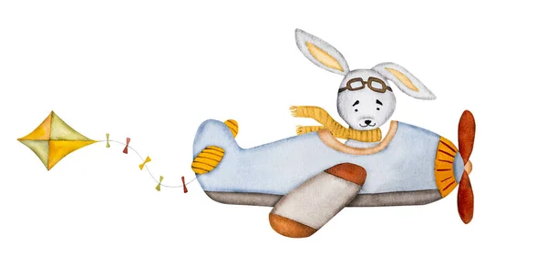 郵便はがきのための飛行機の水彩画で飛ぶかわいいウサギのパイロット 子供のための漫画のウサギのアクエラレル図面赤ちゃんの装飾 — ストック写真