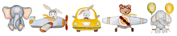 귀여운 코끼리 자동차와 수집용 비행기 그림을 가지고 토끼와 친구들 — 스톡 사진