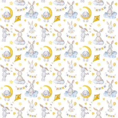 Ay, bulut ve suluboya resim koleksiyonu olan şirin bir tavşan bebek kartpostalı. Çizgi film tavşan akvaryumu çocuk dekorasyonu için hazırlanmış tatlı rüyalar çizimleri.