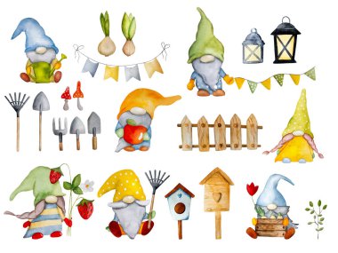 Suluboya el, kartpostallar için beyaz arka plana dizilmiş bahçede cüceler çizdi. Trol elflerinin akvaryum resim koleksiyonu.