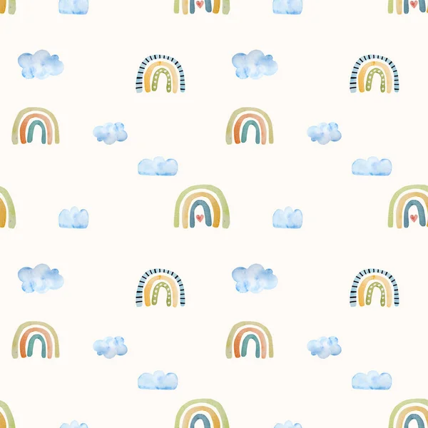 Spring watercolor rainbow and cloud seamless pattern for decoration. Cute trendy aquarelle paintings for kids