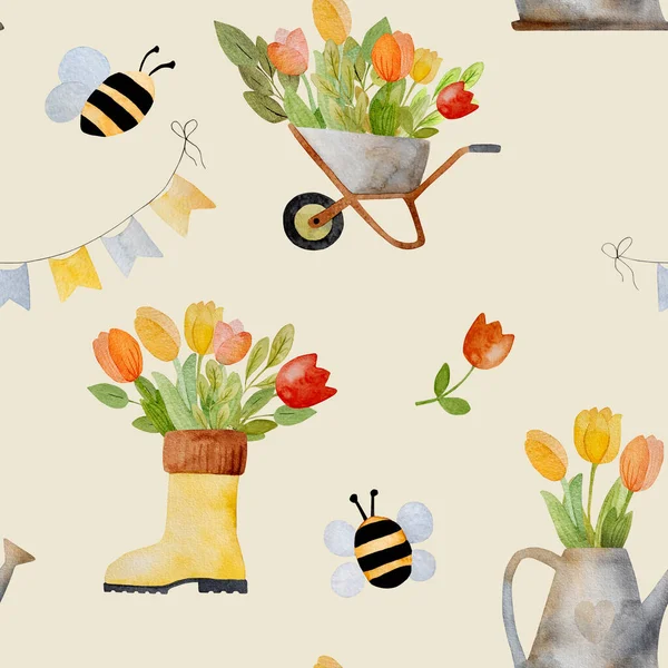 Zestaw Akwareli Wiosna Bukietem Tulipan Gumowym Bucie Podlewania Puszki Pszczoły — Zdjęcie stockowe