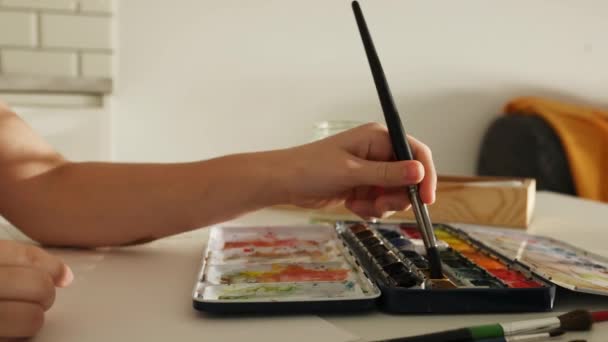 Child Hand Holding Paintbrush Choosing Watercolor Paint Color Kid Drawing — Wideo stockowe
