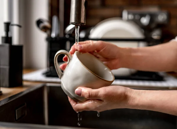 Girl Filling Cup Kitchen Tap Water Home Woman Pouring Mug — Foto Stock