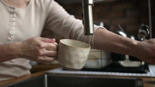 Girl Filling Cup Kitchen Tap Water Home Woman Pouring Mug — Vídeo de Stock