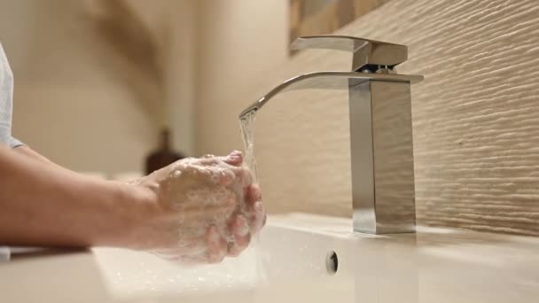 Girl Washing Hands Soap Foam Running Water Bathroom Steel Faucet — Vídeo de stock